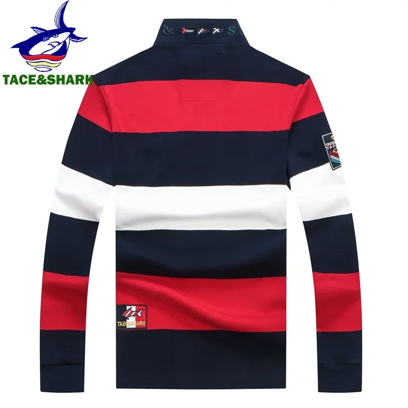 TACE&SHARK Brand Hot Sale Fashion Business Stripes Embroidery Long Sleeve Polo Shark Tops Men Autumn Half Zipper Slim Clothes