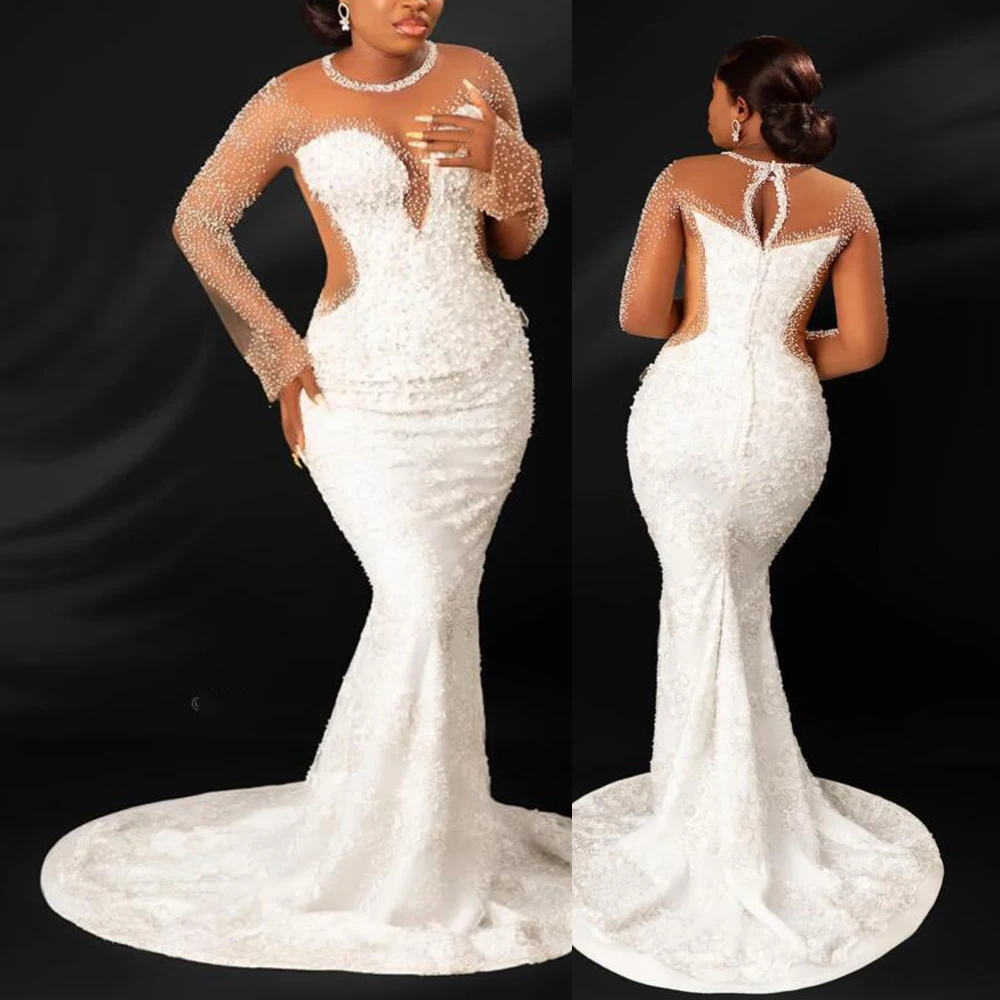 

Unique Design Crystals Beaded Wedding Dresses Illusion O Neck Long Sleeves Mermaid Bridal Gowns Customized Bride Marriage Dress