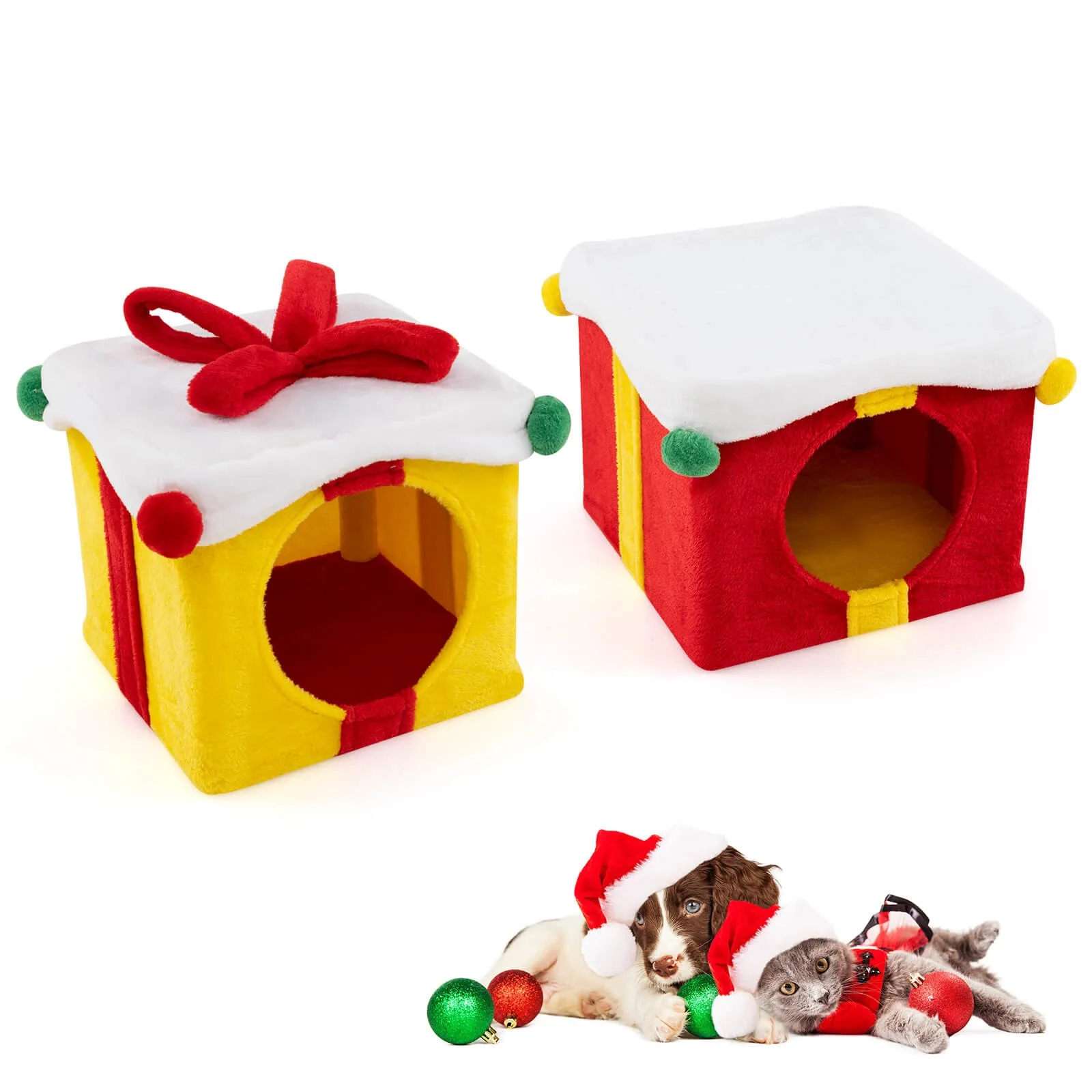 

2-Storey Cute Christmas Cat House with Bow 2 Condos Indoor Cat Furniture Modern