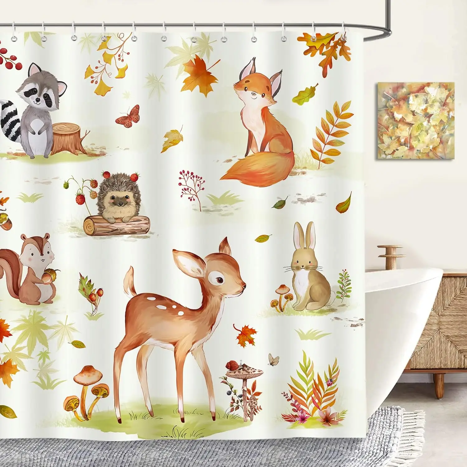 Autumn Woodland Animal Shower Curtain, Deer Fox Raccoon Print, Waterproof Fabric Rustic Bathroom Curtain with Hooks