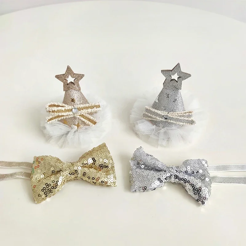 

Y Pet Cat Gold and Silver Sequined Hat Bow Tie Set Party Decoration Photo Props