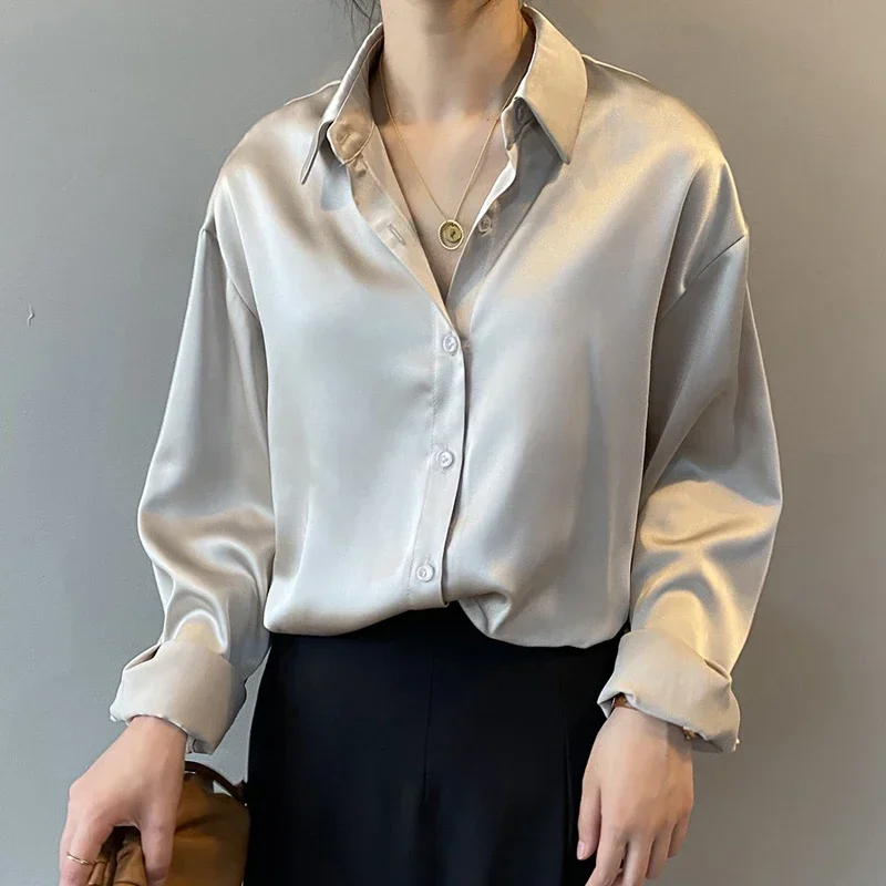 Autumn Fashion Button Up Satin Silk Shirt Vintage Blouse Women White and Blue Lady Long Sleeves Female Loose Street Shirts 11355