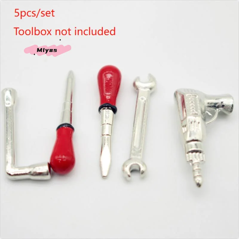 Miniature Dollhouse Drill Repair Tool Set - 5-Piece Wrench Set for Kids Pretend Play Doll House Decor Model Accessories