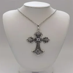 Large Detailed Rhinestone Cross Jewel Necklace Silver Color Tone Pendant Goth Punk Jewellery Fashion Charm Statement Women Gift