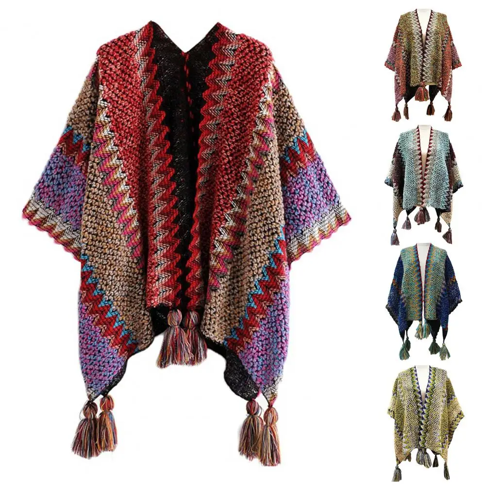 Winter Capes Cardigan Colorful Striped V Neck Contrast Colors Ethnic Style Knitting Bohemian Poncho Cloak Tassel Lady Poncho