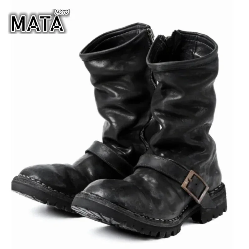 

Темные ретро-сапоги для езды на мотоцикле для мужчин и женщин, инженерные ботинки на толстой подошве и высоте, мотоциклетные ботинки «Челси» на средней подошве