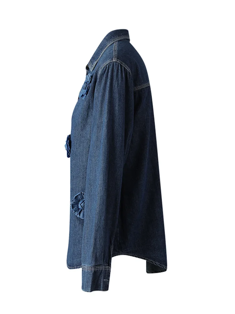 Loose Women's Denim irt Floral Decorative Hong Kong Sle Coat Cotton Basic Fit Six Sve Flannel Faionable Outerwear