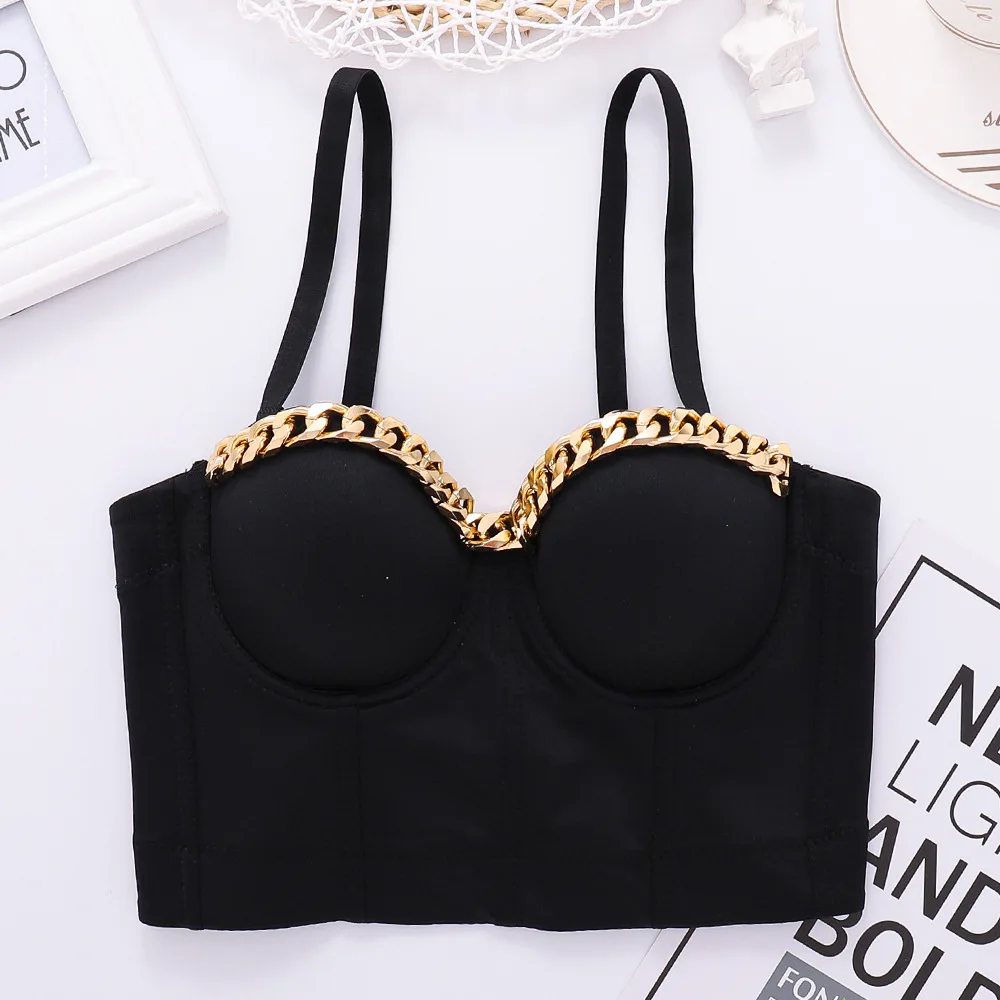 

Golden Metal Bustiers Chain Design Chic Costume Ins Style Fish Bone Push up Party Club Push Up Bustier Crop Top Corset Bralette