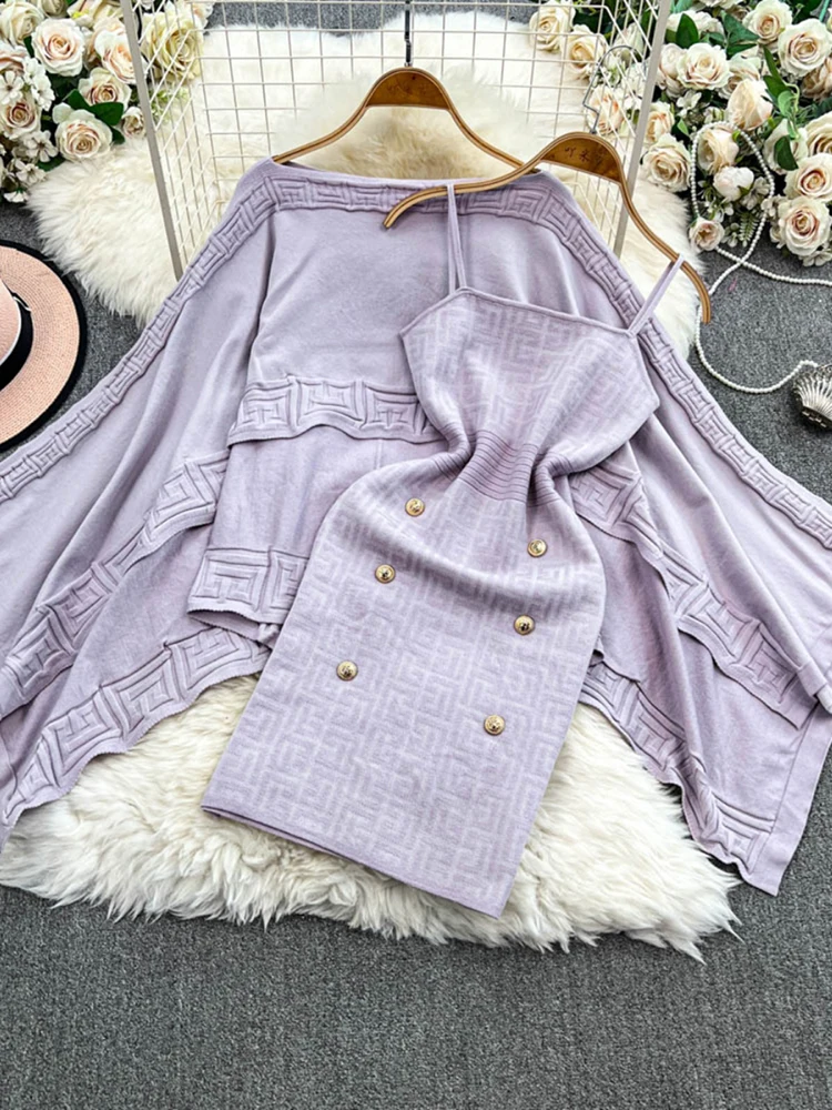 Two-Piece Suspender Dress Knitted Pullover Cloak 2024 Autumn New Loose Niche Design Irregular Slim Suit