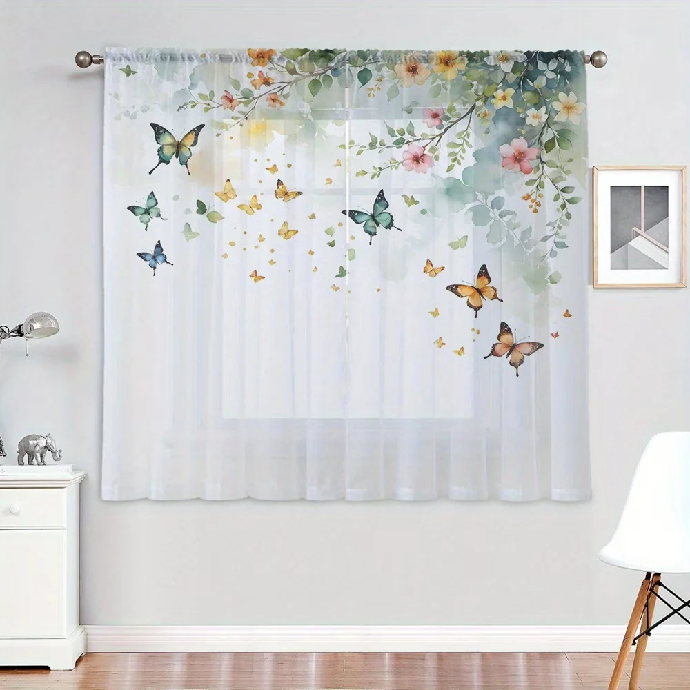 2PCS Digital Print Sheer Curtains, Butterfly Surrounding Flower, Sweet Garden Style for Living Room Bedroom Window Decoration