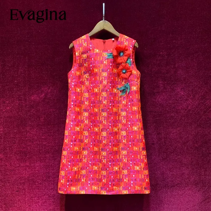 Evagina Vintage Print Appliques Nail Kraal Jacquard Mini Jurk 2023 Lente Zomer Nieuwe Dames Mouwloze Vakantie Jurken