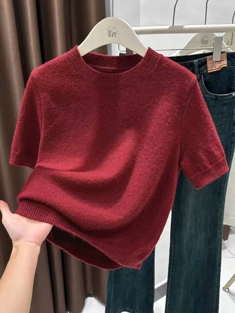 Summer new 5-color women's knitted O-neck pullover sweater T-shirt, slim fit and versatile short style, women's wool spun thin T