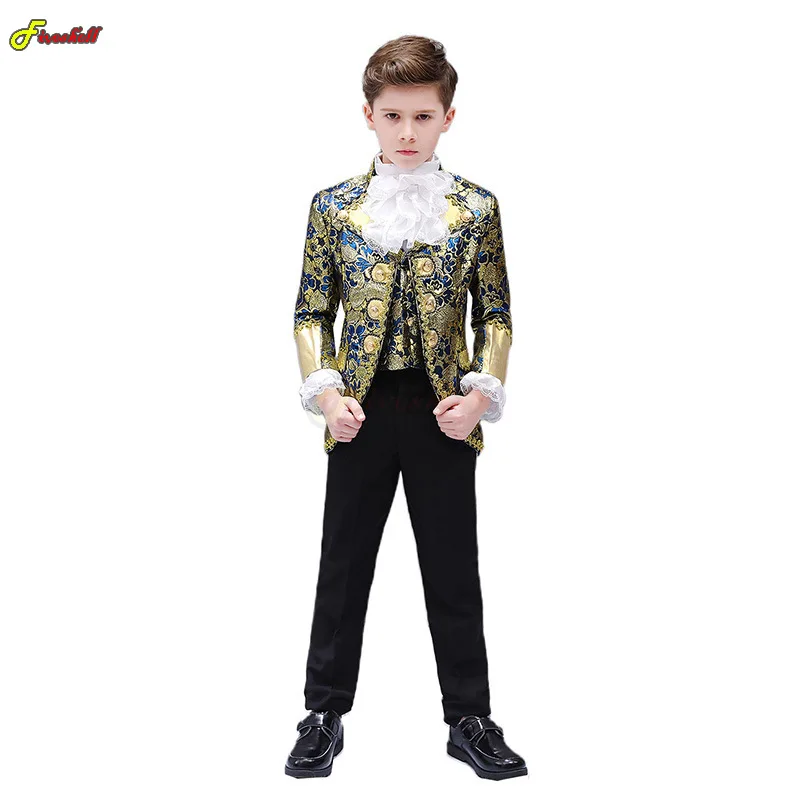 Crianças Punk Halloween Trajes Rei Príncipe Renascimento Medieval Boy Cosplay Gótico Partido Traje Brasão + Calças + Gravata Conjunto Completo