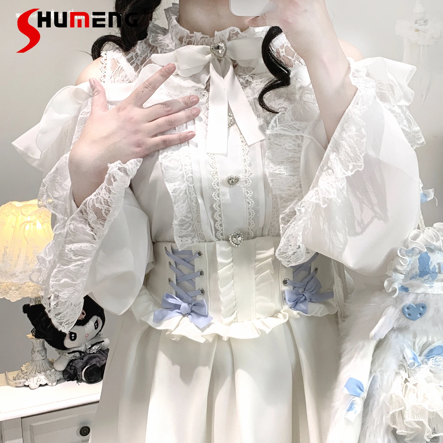 

Original Japanese Mines Style Lace Patchwork Stand Collar Off-Shoulder Long Sleeve Heart Button Sweet Lolita Shirt Top for Women