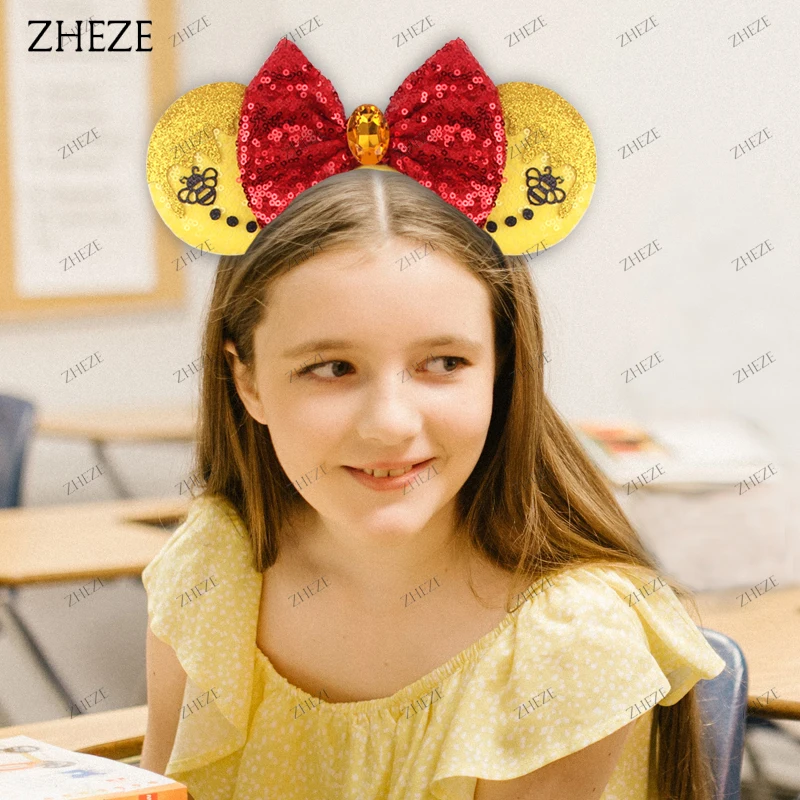 2024 Disney Winnie The Pooh Ears Headband Sequin Bow Hairband For Girls Boys Festival Party DIY Hair Accessories Gift Boutique