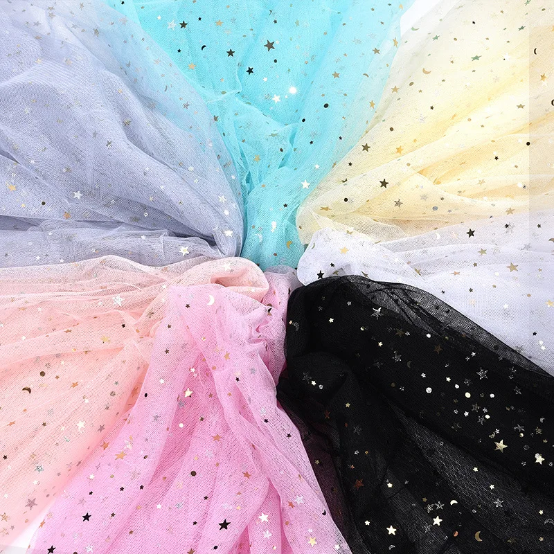 Starry Mesh Fabric Pink Sequined Lace Tulle, Star Moon Glitter Net Cloth for Nail Photo Backdrop, Wedding Dress DIY Craft