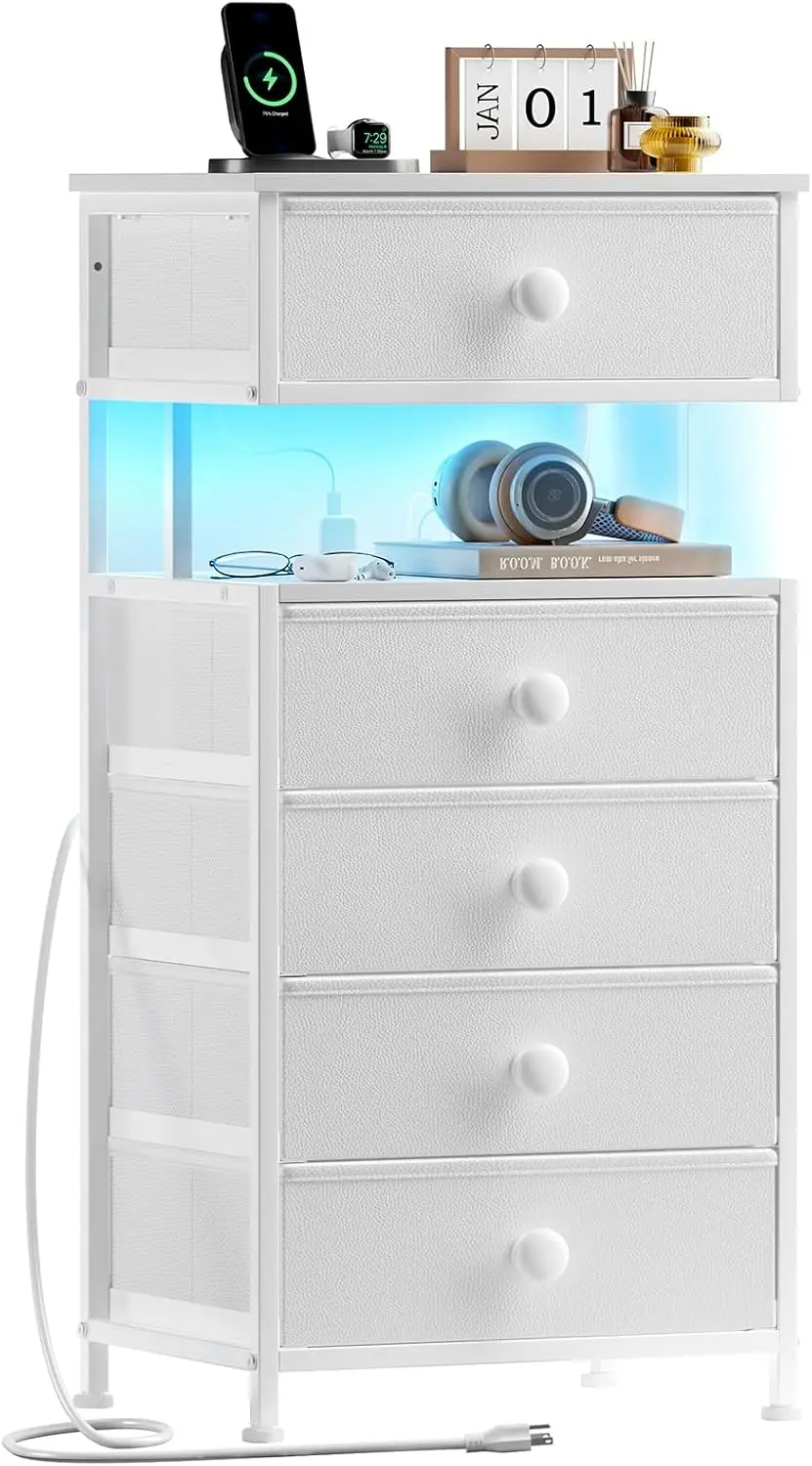 

Night Stand with Charging Station and LED Light, 5 Fabric Drawers White Bedside Table with Open Shelf, Modern End Table with Woo