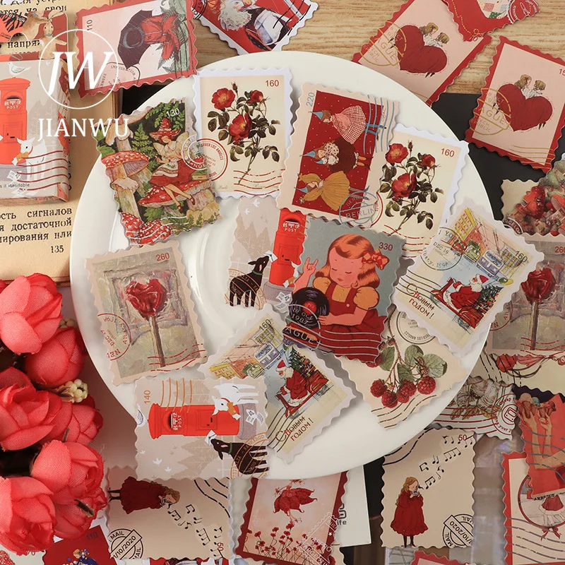 JIANWU 46 Pcs Vintage Decoration Label Boxed Stickers Literature Art Journal Collage Material Scrapbooking Stickers Stationery