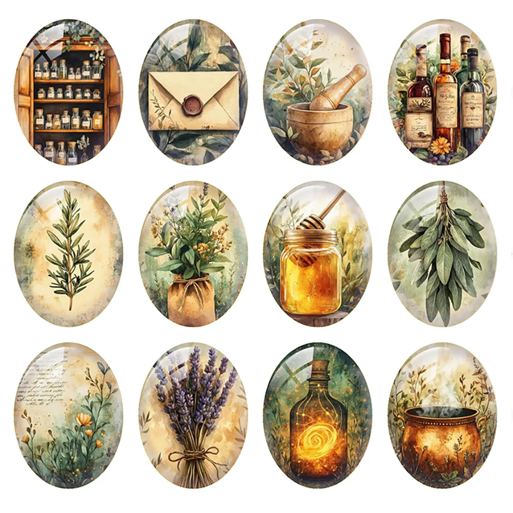 Random Mixed Round/Oval/Square Apothecary Witch Herbs Potion Photo Glass Cabochon Flatback Demo Cameo For Diy Jewelry Making