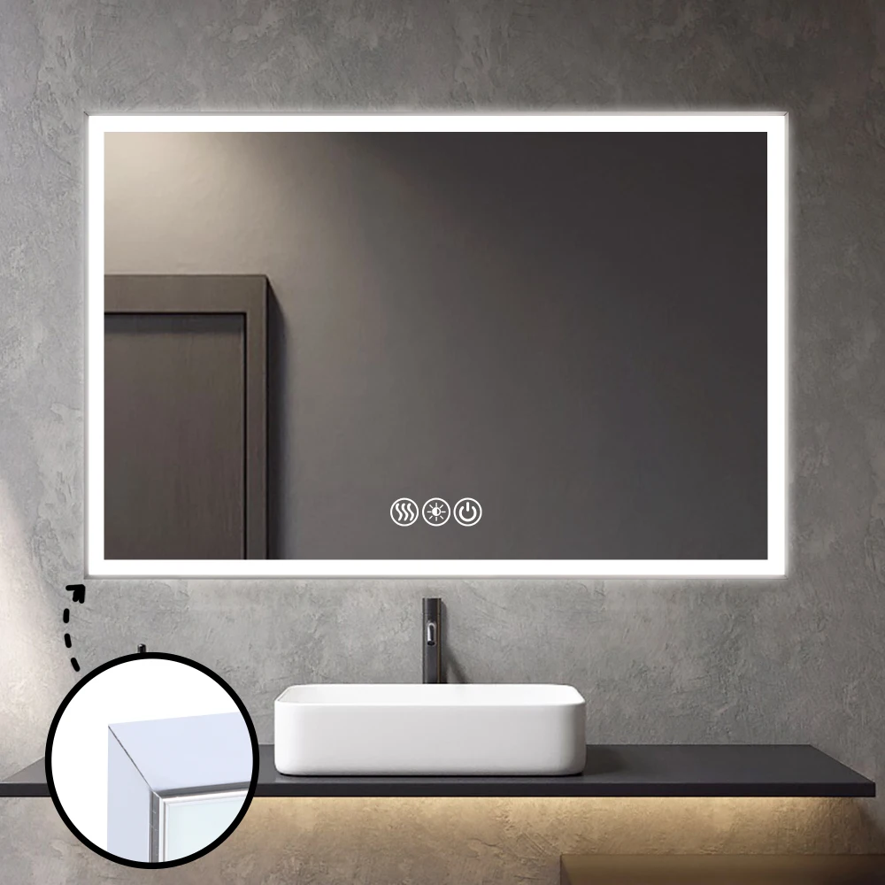 48*32in LED Framed Bathroom Vanity Mirror, Aluminum Frame with 45° Beveled Angle Beveled Lights, 3 Colors, Anti-fog, Suitable