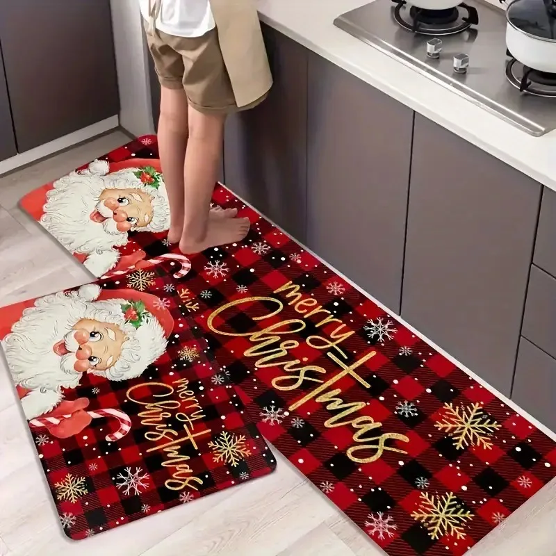 VIKAMA 2PC Christmas Long Strip Crystal Velvet Carpet Home Kitchen Bathroom Toilet Dirty Wear Non-Slip Mat Home Decoration