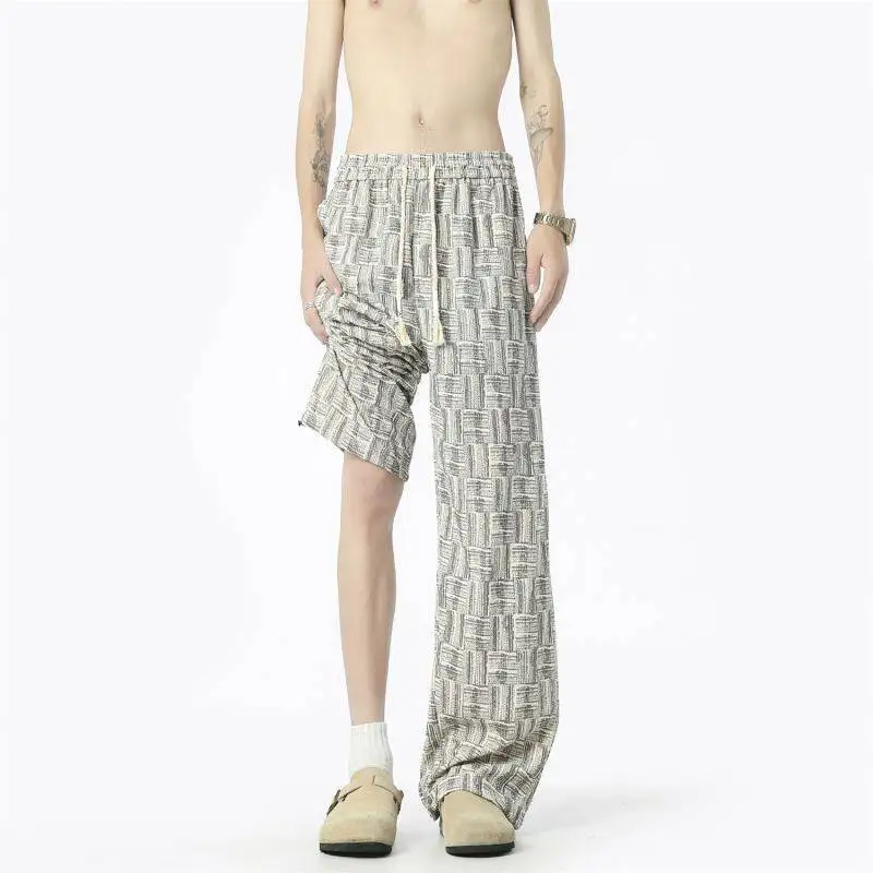WTHT 트렌디 2025 여름 남성 플래드 드로잉 디자인 캐주얼 팬츠 패션 밴딩 하이웨이스트 루즈 와이드 레그 트라우저 남성 2A0941