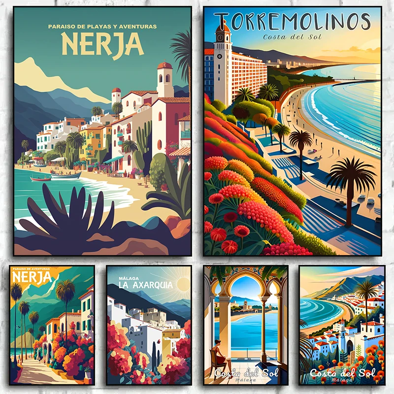 Póster de viaje Vintage de la ciudad de Malaga, impresiones de lienzo, arte de pueblo, playas, costa soleada, arte de pared Retro, imágenes, Mural, decoración del hogar