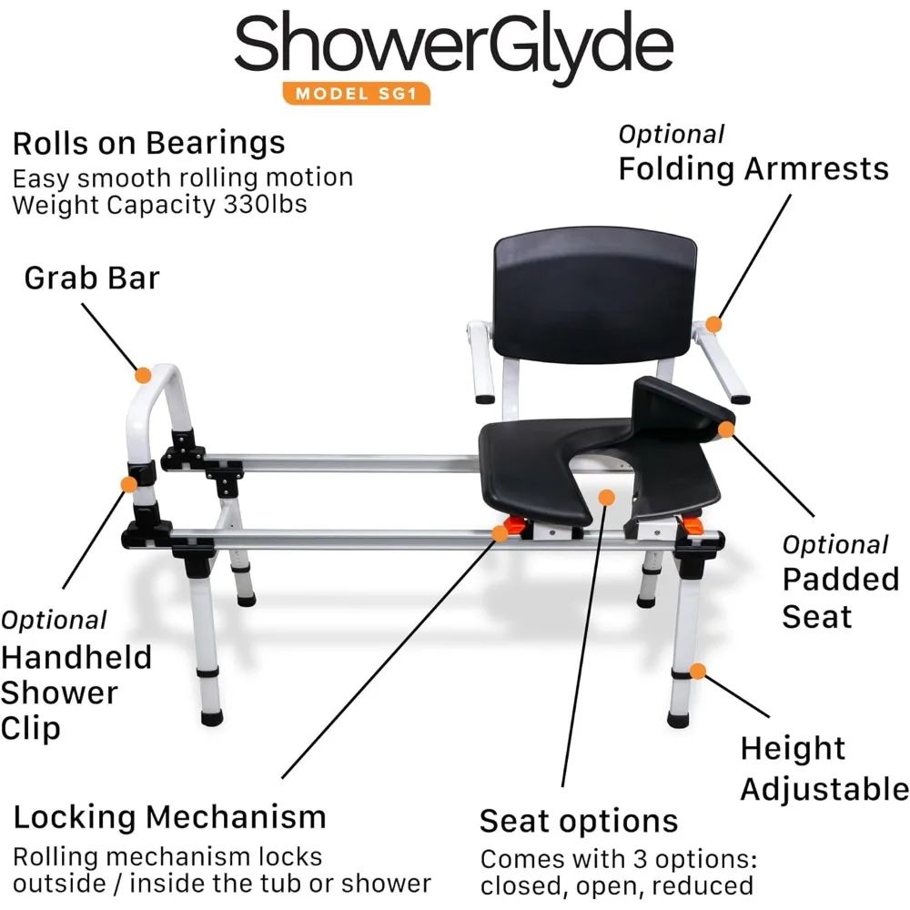 ShowerGlyde SG1 - Kompatybilny z FSA i HSA - Przesuwna krzesło prysznicowe - Ławka do przenoszenia się z wanny z poręczą i oparciem |   Wysoka jakość mobilności