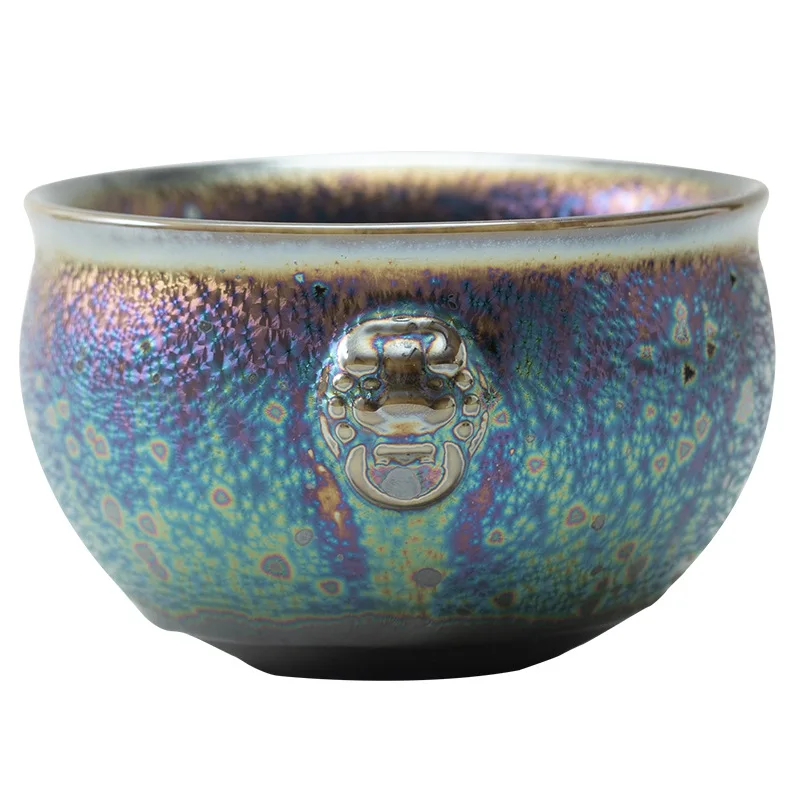 

Modern colorful kiln special-shaped exhibition gold-plated PC kung fu teacup set Tianmo ancient single master tasting tea bowl