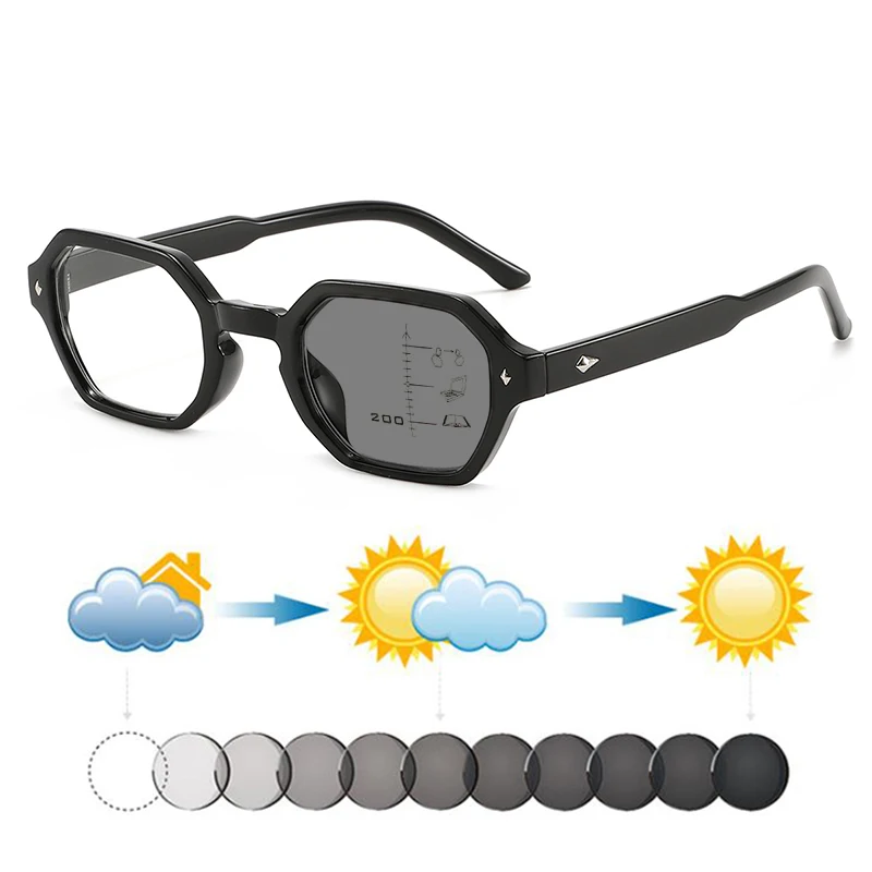 Nouvelles Lunettes de Soleil Rétro à Rivets Polygonaux Photochromiques Progressives Multifocales pour Femmes et Hommes, pour la Lecture, la Vision de Près et de Loin, et la Hypermétropie