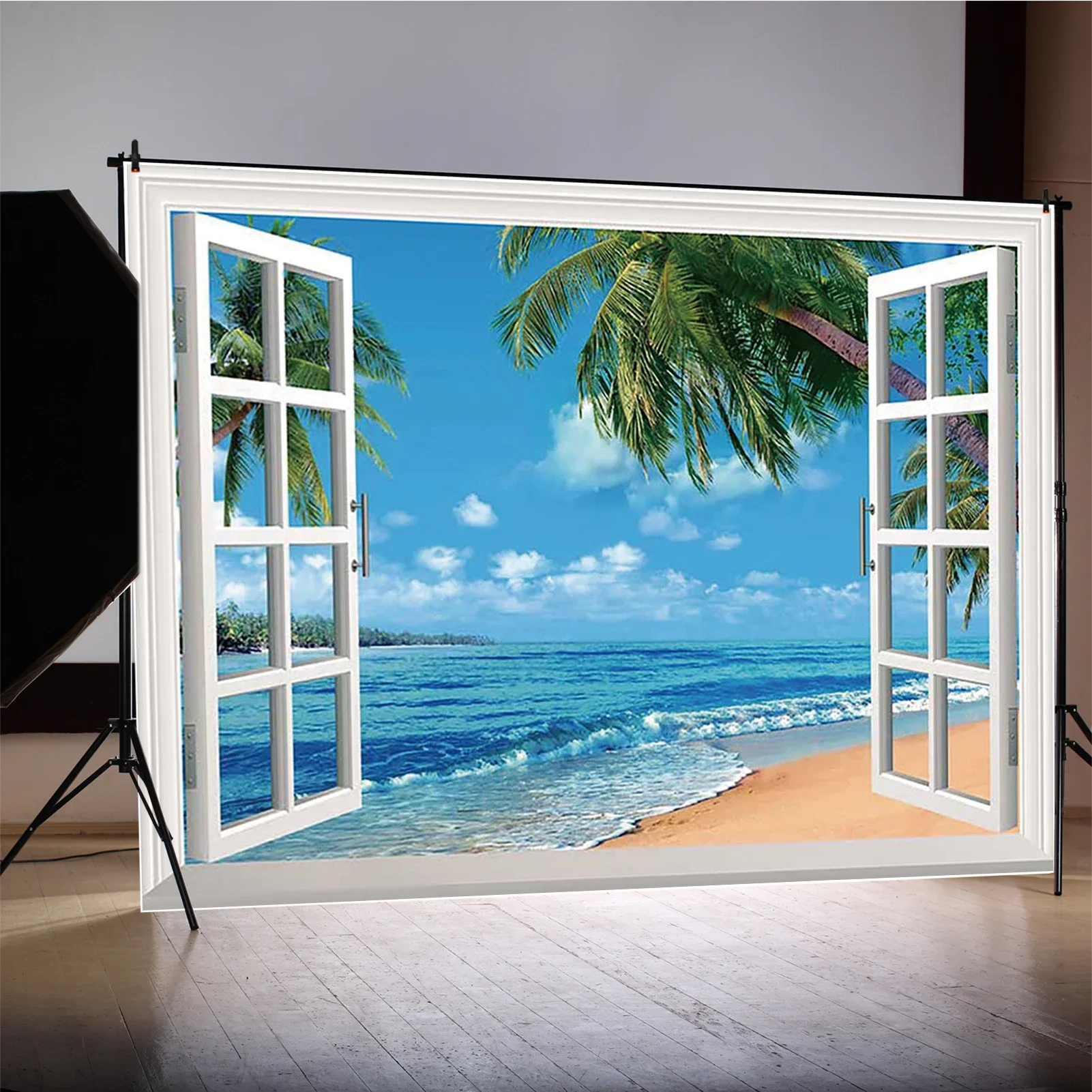 MOON.QG ستائر الشاطئ إطار الصورة خلفية الاستوائية الأزرق المحيط شجرة النخيل يترك خلفية الصيف عطلة حفلة اطلاق النار الدعائم