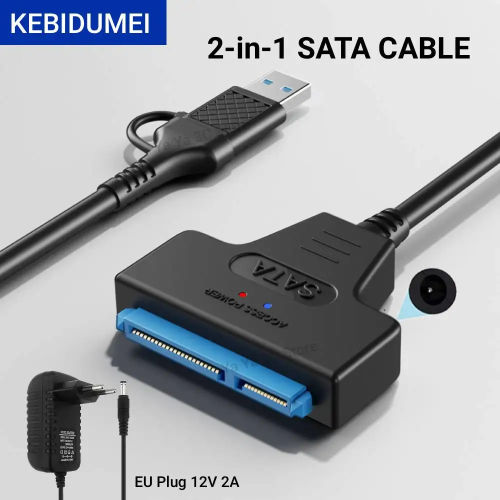 KEBIDUMEI SATA to USB 3.0/Type-C Adapter Sata Cable 2.5/3.5 Inch SSD HDD SATA III Hard Drive Disk with 12V/2A Power Adapter