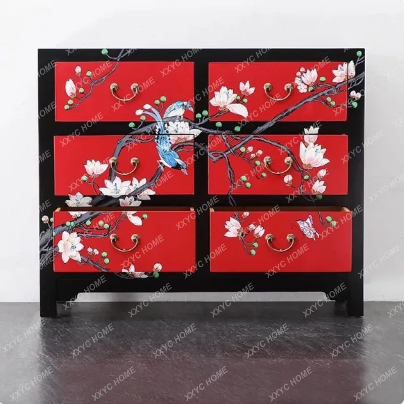 XX New Chinese-style painted furniture, hand-painted flowers and birds solid wood bedroom chest