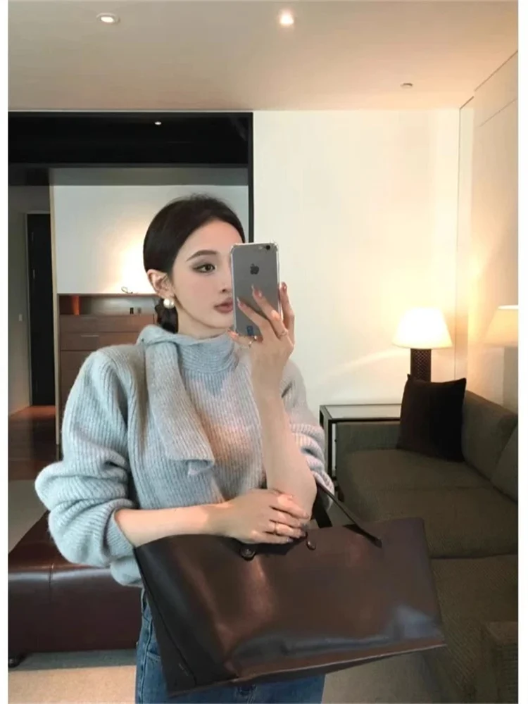 

Faionable Knitted Sweater with Belt for Women Spring Season High Ne Long Sve Color Commute Sle Korean Version