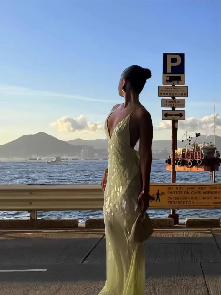 

Sexy Beachwear Suspender Deep V-link Backless Evening Dress Fashion Hip-hugging Spaghetti Strap Solid Color Vestidos Temperament