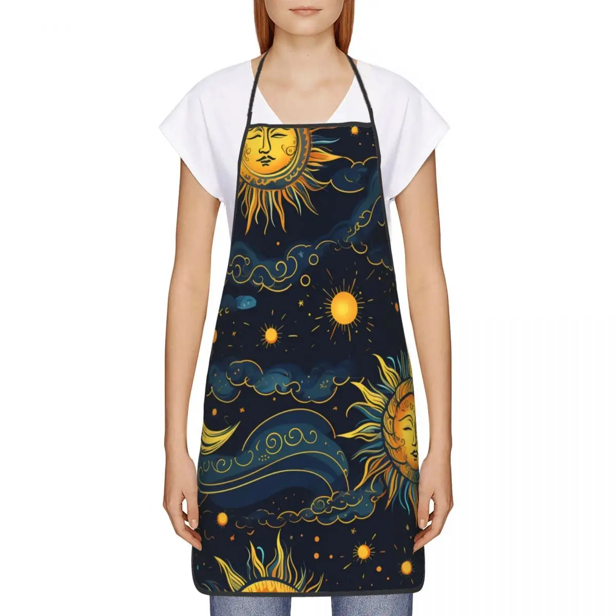 Custom Unisex Sun And Moon Kitchen Chef Cooking Baking Apron Men Women Colorful Graffiti Tablier Cuisine for Gardening