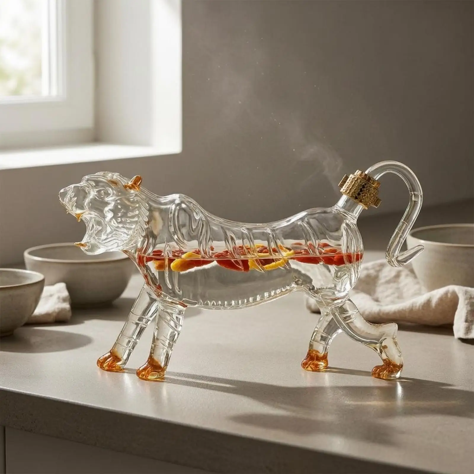 Animal-Glass Bottle Transparent Tiger Decanter Carved Glass Stopper Bottle