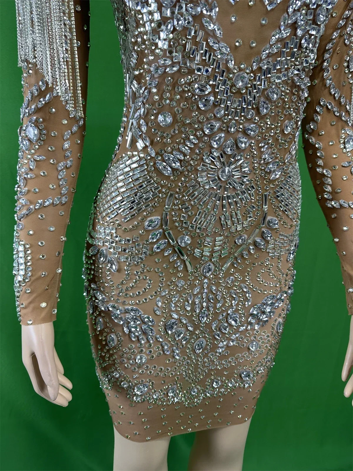 فستان حجر الراين الكامل اللامع للنساء انظر من خلال تمتد حفلة عيد ميلاد الحفر مرحلة ارتداء أداء سحب الملكة زي