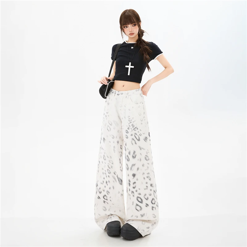 Women's Leopard Print Wide Leg Jeans Loose Fit High Waist Denim Pants Casual Baggy Trousers Summer Streetwear Daily Outfits