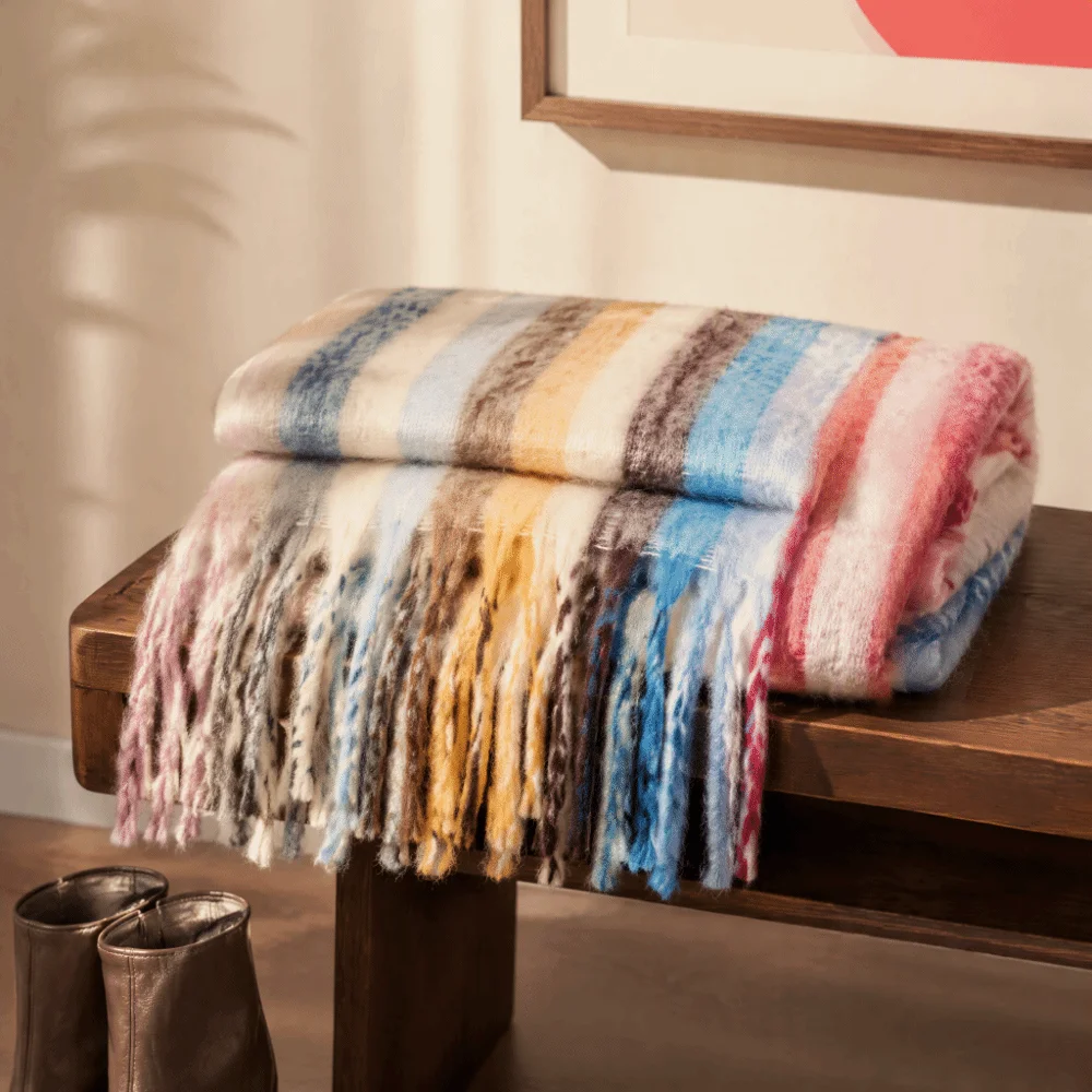 New Soft Grid Scarf Rainbow Tassel Thickening Winter Cashmere Scarf Neck Warmer Mohair Long Tassel Scarves for Women Men