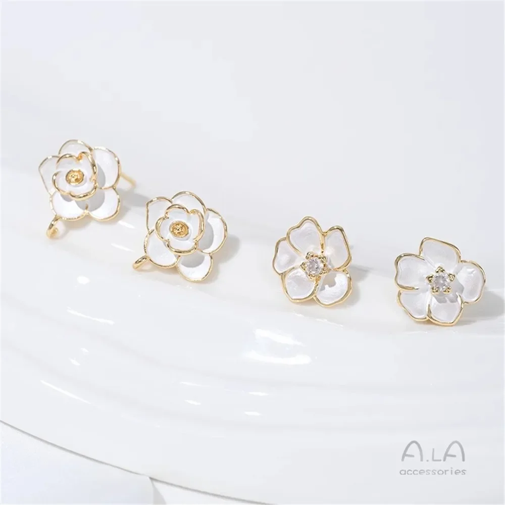 14K Gold-plating Painting Oil Camellia Bead Holder with Rings Earrings DIY Handmade Pearl Silver Needle Ear Jewelry Material