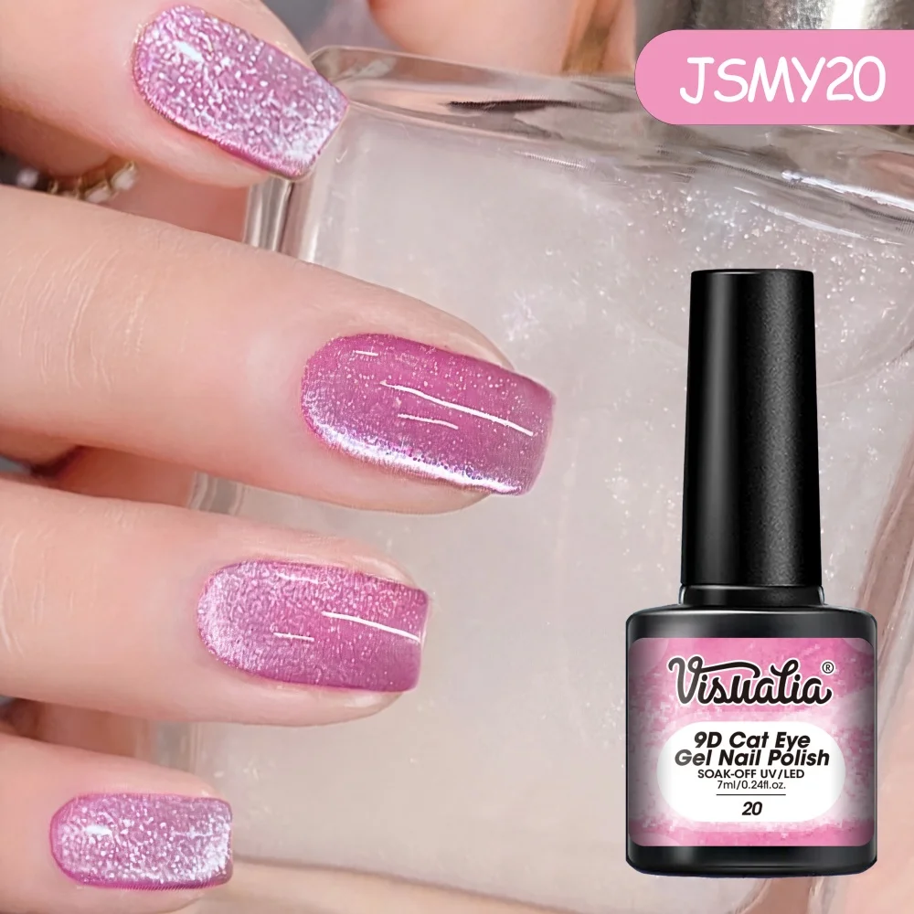Visuatia Peach Pink Cat Eye Gel Polish has a clear base color that is not heavy, with evenly distributed magnetic particles. You can easily change the cat eye effect by adjusting the magnet. A thin coat is transparent,