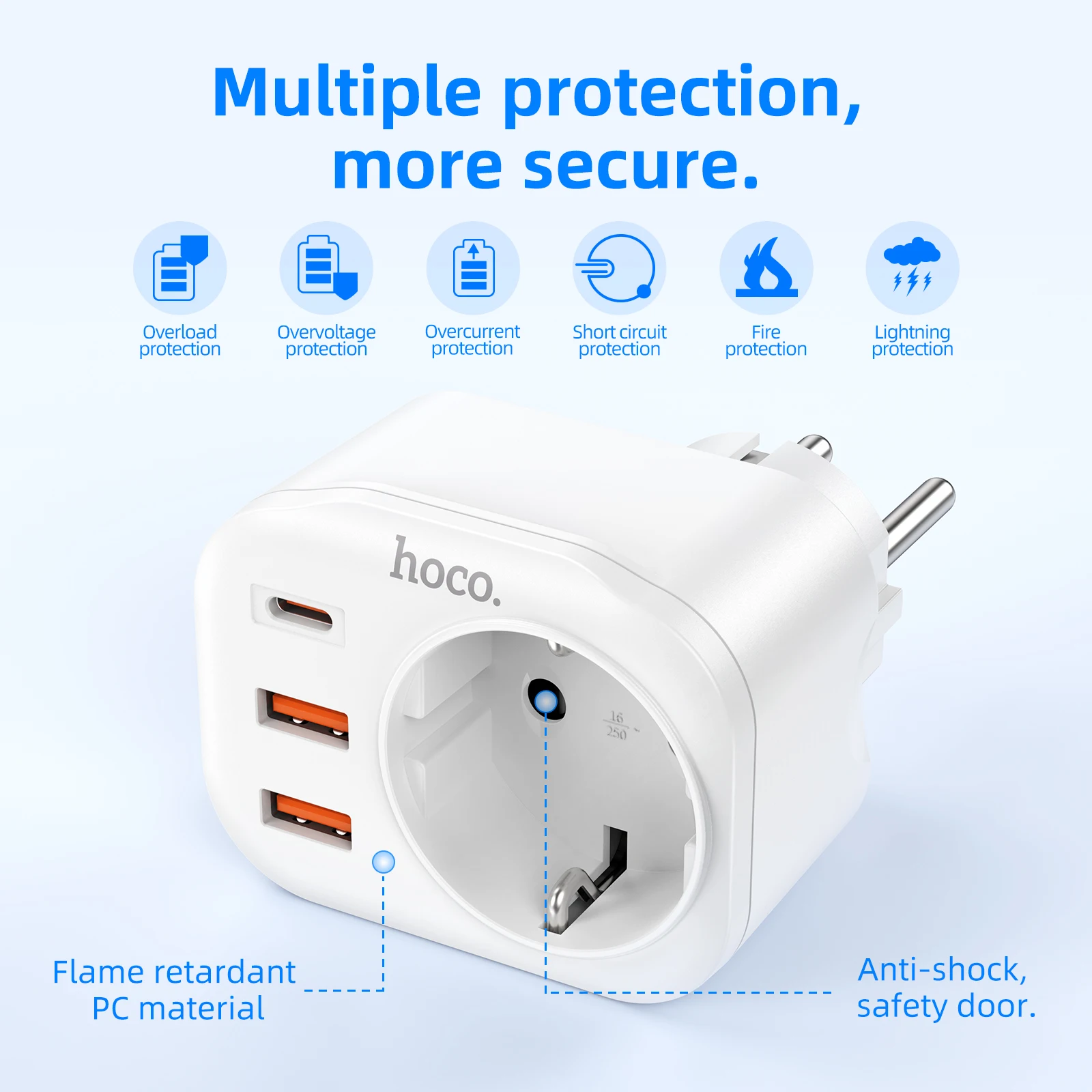 Hoco 18W Multifunctional EU Plug Adapter with USB & Type-C Ports