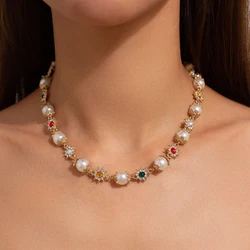IngeSight.Z Trendy Luxury Imitation Pearl Rhinestone Flower Beads Choker Necklace Women Elegant Bridal Wedding Party Jewelry