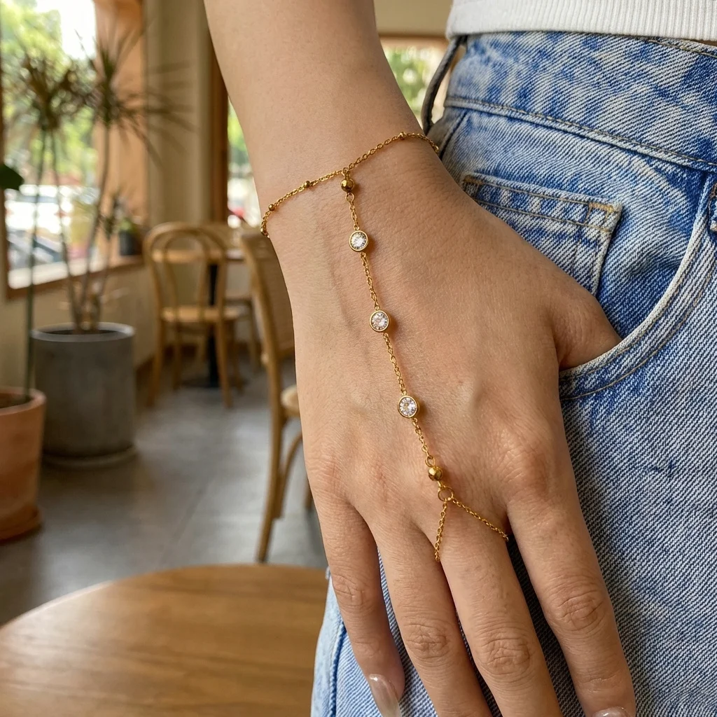 

Elegant Bezel Zircon Hand Chain for Women Stainless Steel Link Ring Bracelet Dainty Stacking Hand Jewelry Accessories