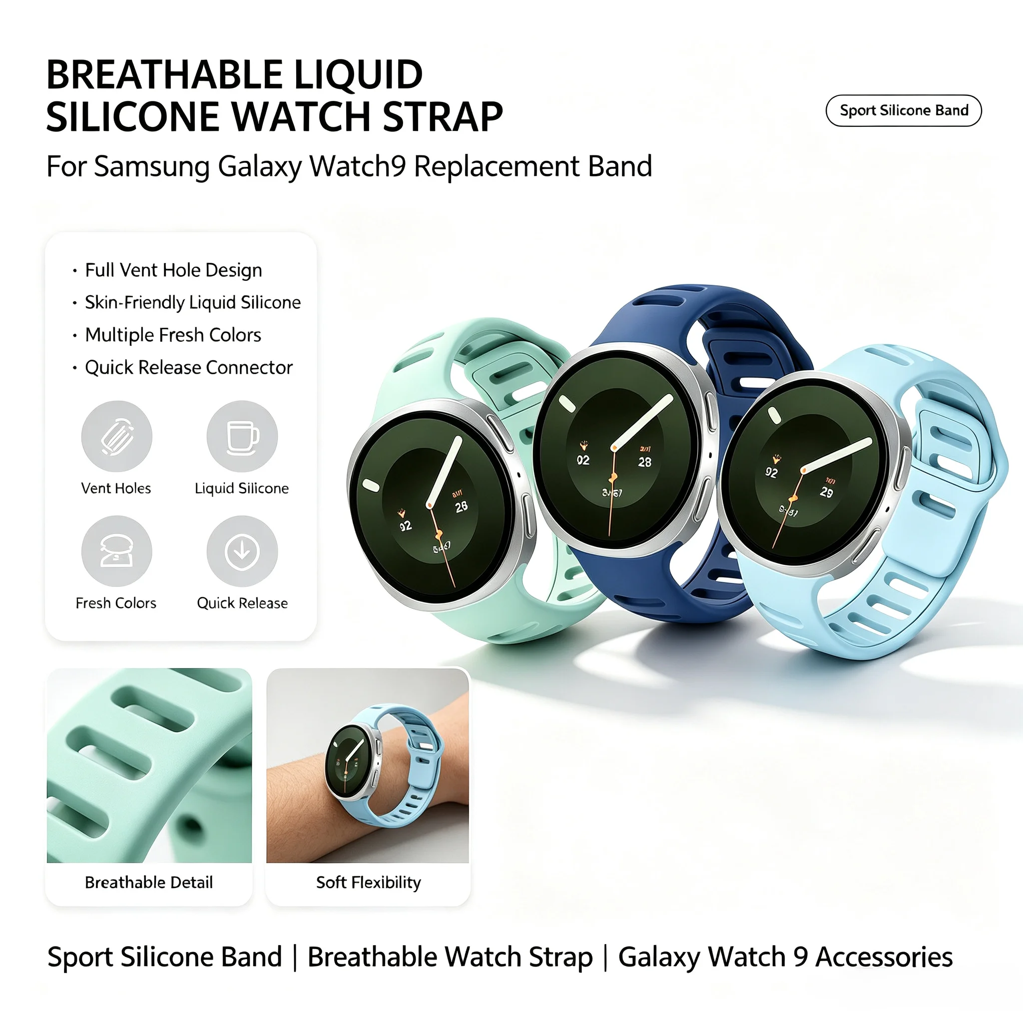 For Samsung Galaxy Watch 9 8 44MM 40MM 8 Classic 46MM 1:1 Original Liquid Silicone Watch Strap Reverse Buckle Sport Breathable