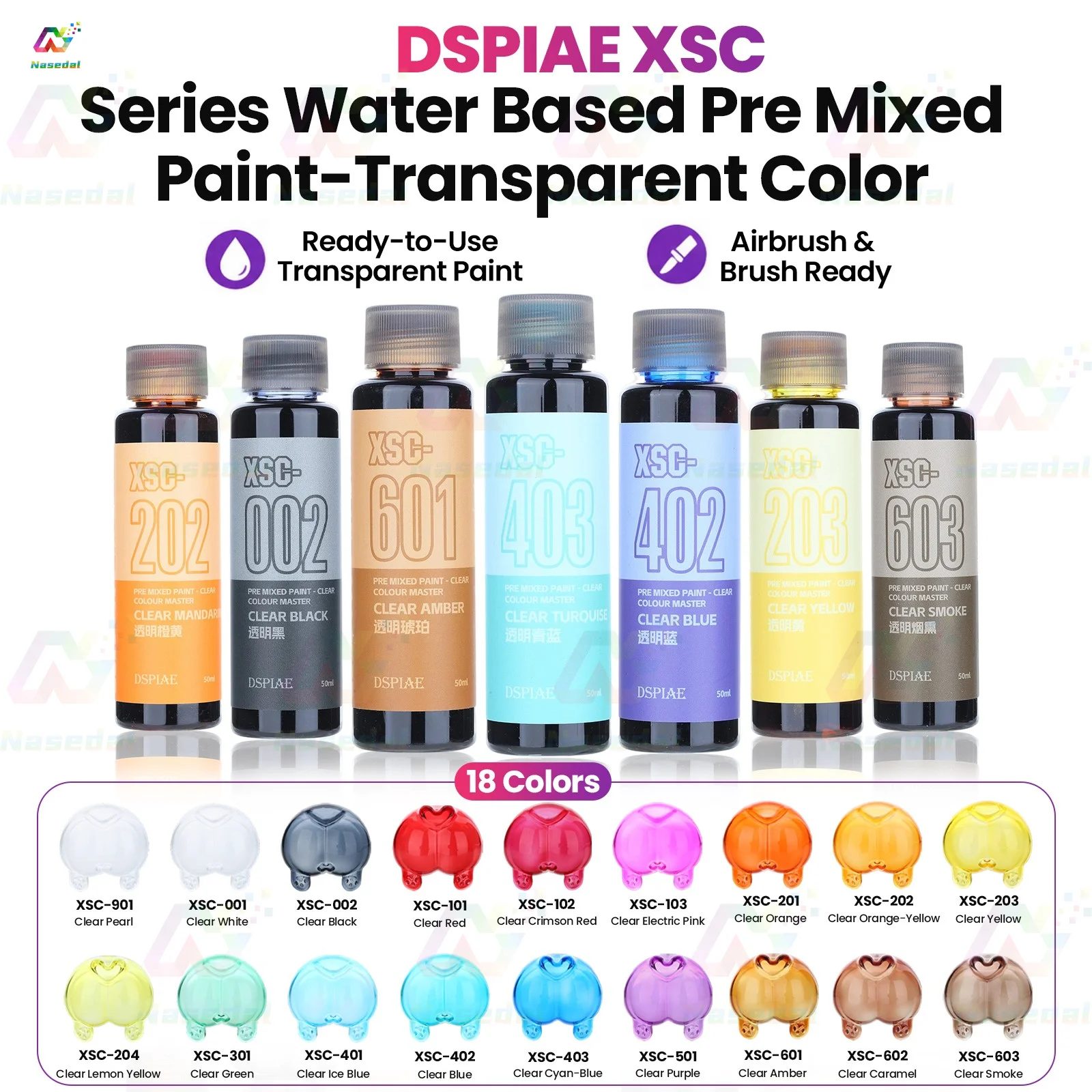 DSPIAE 2/3/4/9Pcs XSC Pre‑Mixed Water‑Based Transparent Paint Set for Gundam Scale Model Airbrush Hand Brush Hobby Craft Tools