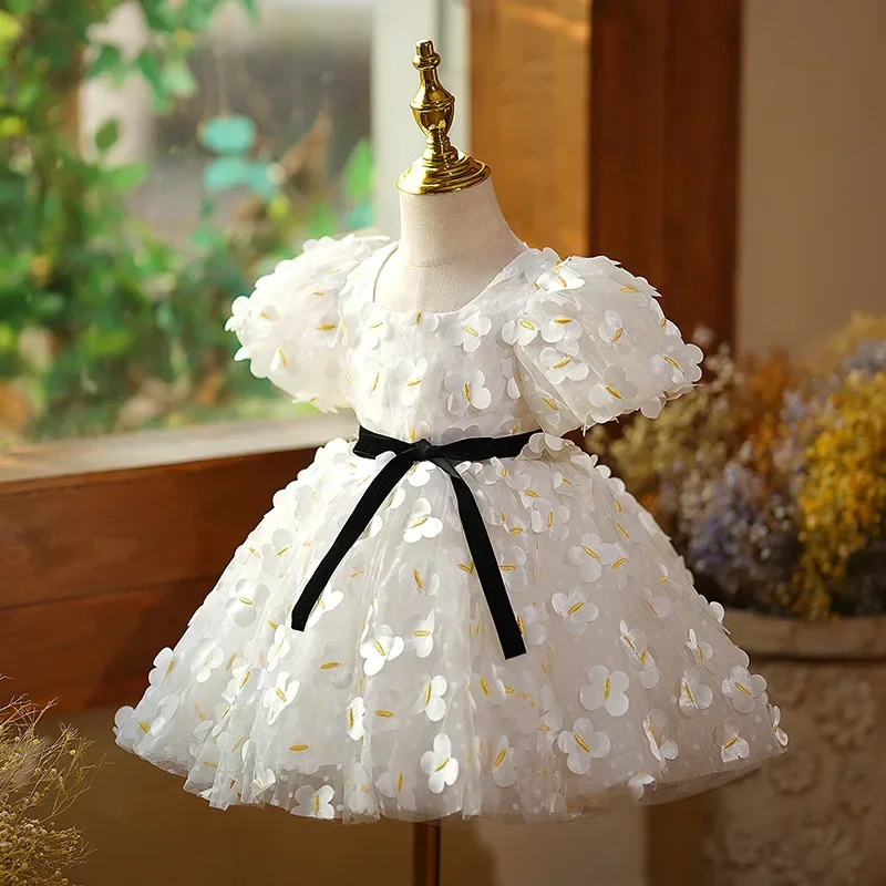 Fashion Baby Girl Princess Dress 3D Floral Tutu Dress Child Teen Puff Sleeve Vestido Summer Party Pageant Frocks1-14