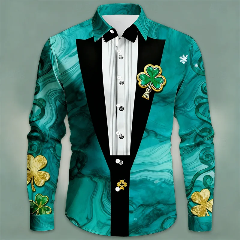 قميص رجالي جديد بأكمام طويلة وراقية بطباعة البرسيم ثلاثي الأبعاد على طراز الشارع قميص رخامي فضفاض ومريح