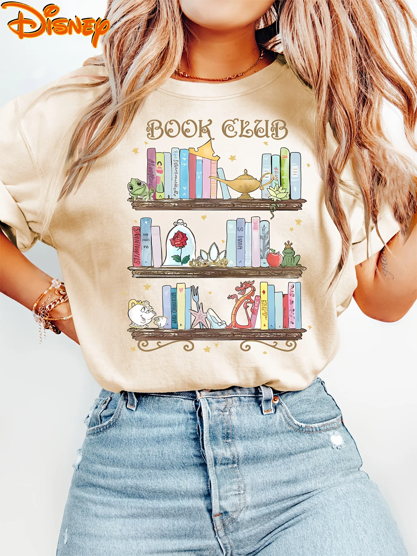 

Disney Elegant Simple Belle'S Bookhouse and Stars Series T Shirt Vintage Women Men Cotton Tee Short Sleeve O-Neck Casual Holiday